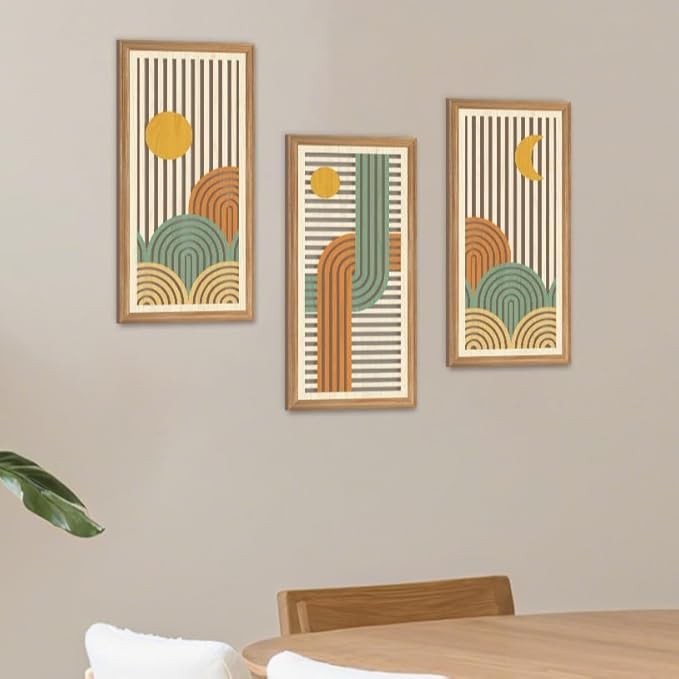 IARTTOP 3 Pcs Boho Abstract Wood Wall Art Modern Geometric Artwork Bohemian Sun and Moon Wood Wall Decor Minimalist Line Hanging Decor for Living Room Bedroom Apartment 7.9 x15.8 Inch