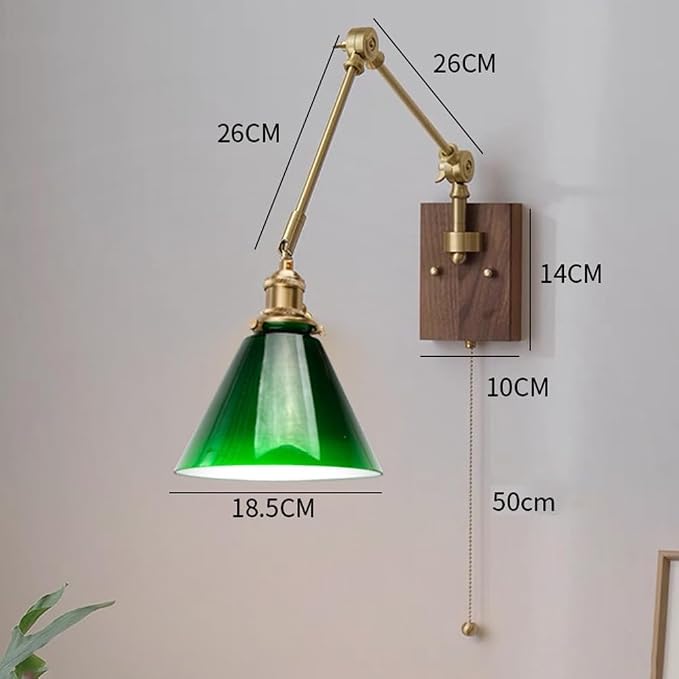 Adjustable Brass Swing Arm Wall Light - Retro Green Glass with Zip Switch, Perfect for Bedroom Bedside Reading, E27 Compatible, Vintage Style Lighting