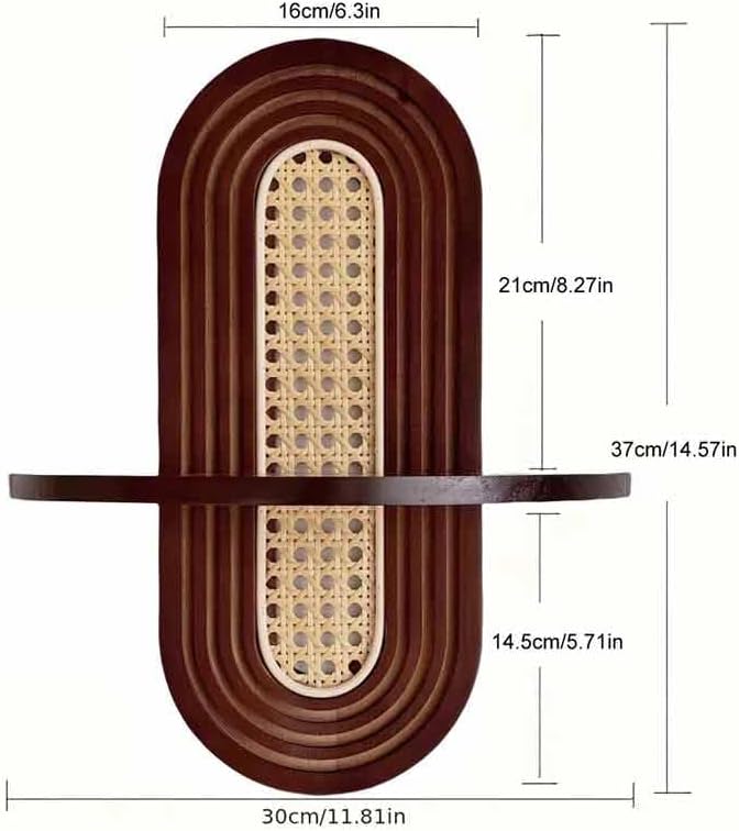 1pc Mid-Century Modern Wall Shelf - Arched Wood & Woven PE Rattan Boho Decorative Floating Shelf, Vintage Aesthetic Decor for Living Room, Bedroom, Kitchen & Home Office (Walnut)