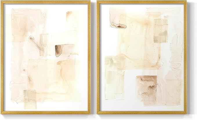 Renditions Gallery Set of 2 Peel & Stick Framed Prints, Abstract Wall Art, Mixed Handmade Oil Painting Wall Decor, Re-Stickable - Ready to Hang - 11"x14" - GOLD Frame LT588