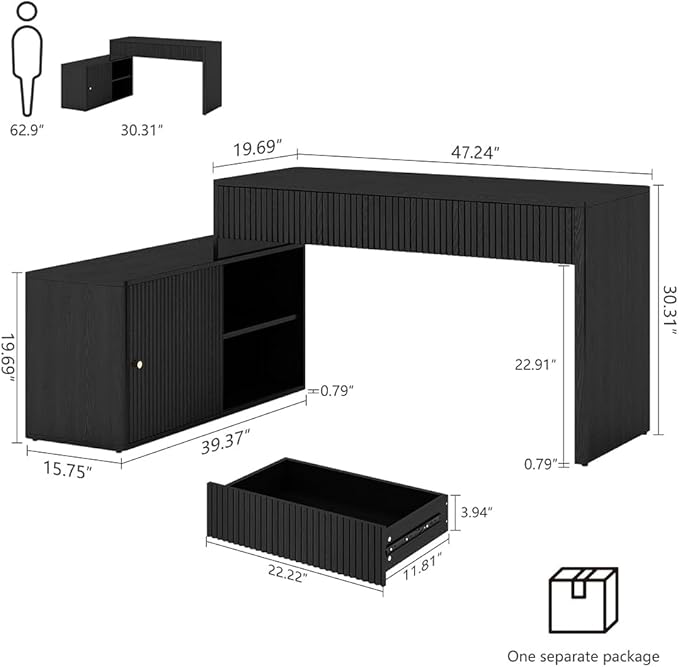 Modern Computer PC Desk Table with Storage, Corner L Shaped Desk with Drawers, Home Office Desk for Bedroom and Small Space, for Writing, Executive, Study, Work, Vanity - Black