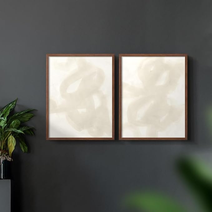 Renditions Gallery Set of 2 Peel & Stick Framed Prints, Abstract Wall Art, Beige and White Aesthetic Wall Decor, Re-Stickable - Ready to Hang - 22"x28" - Walnut Frame LT588