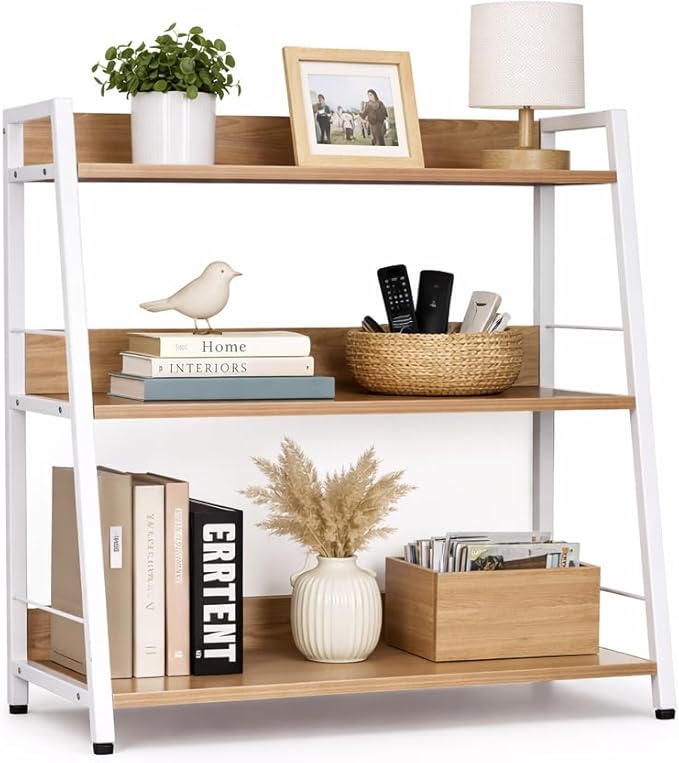Ladder Shelf, 3 Tier Bookshelf, Small Bookshelf for Small Spaces, Wood and Metal Bookcase, Ladder Bookshelf, Modern Storage Shelf for Living Room and Office (White, Ladder)