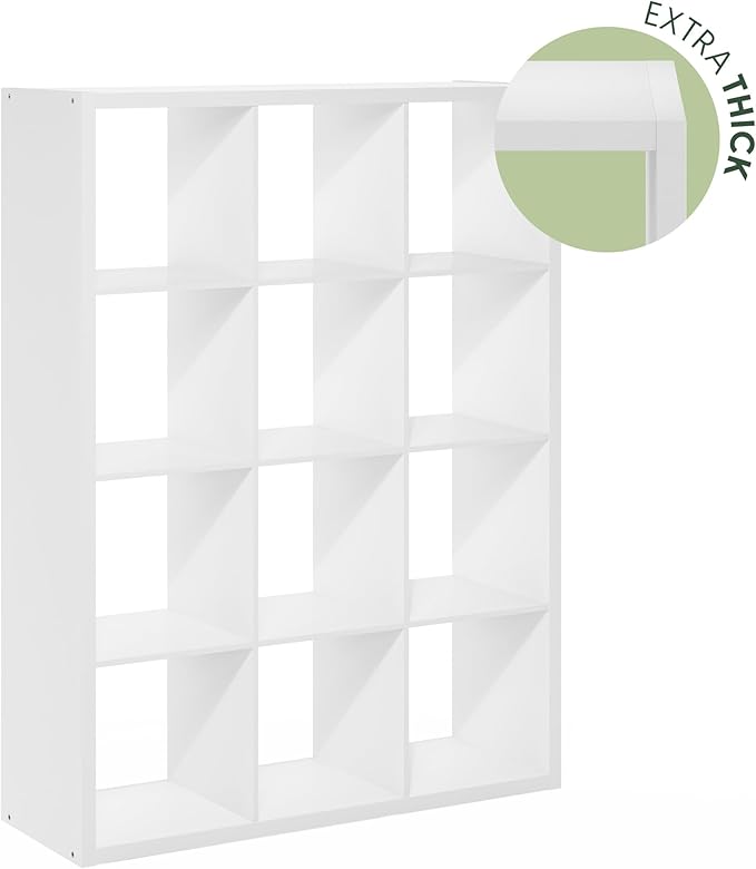 Furinno Cubicle Book Shelf, 12-Cube Bookshelf, Extra Thick Frame Reversible Bookcase with Open Back, 14.6" x 44" x 58", for Living Room, Bedroom, Home Office, White