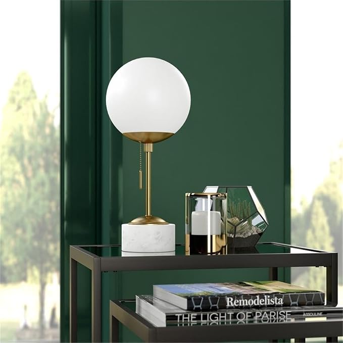 Reagan 17.75" Tall Table Lamp with Glass Shade in Brass/ White Marble/White Milk