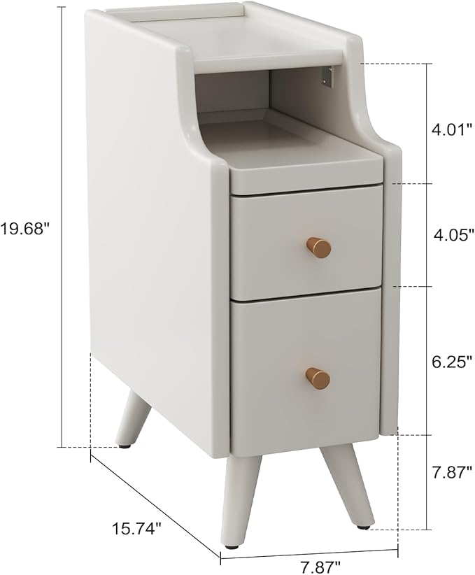 AQIMUELE Narrow Nightstand with Drawers, Wood Bedside Table, Small White Nightstand Set of 2