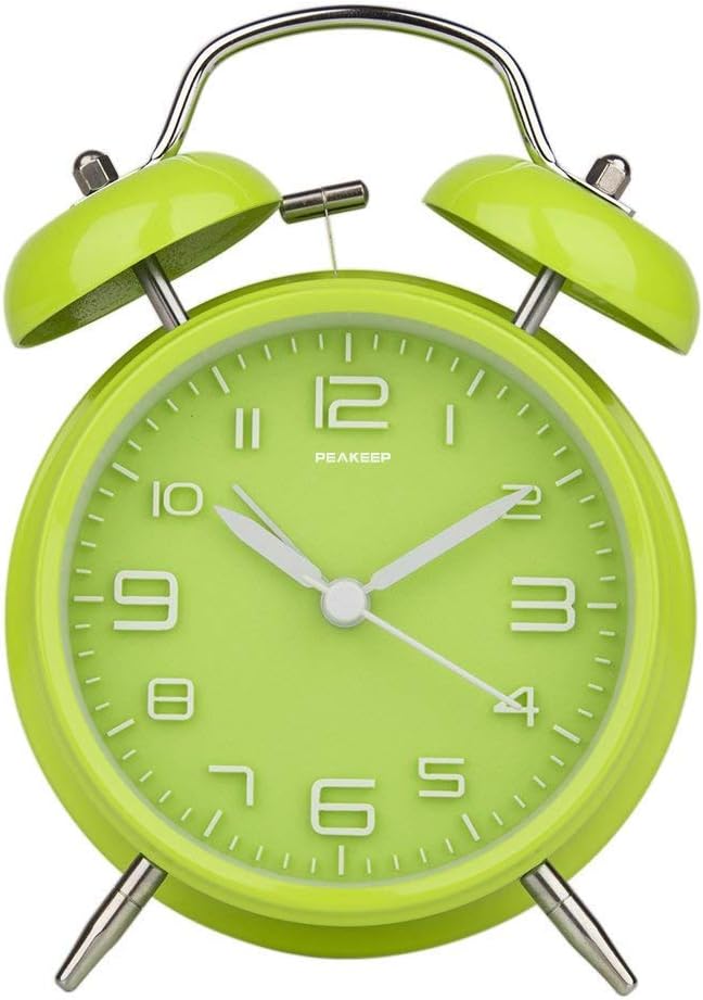 Peakeep 4 Inches Twin Bell Loud Alarm Clock for Heavy Sleepers, Battery Operated Old Fashioned Alarm Clock (3D-Dial, Green)