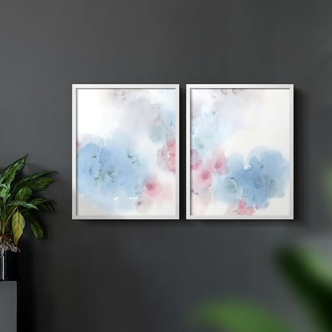 Renditions Gallery Set of 2 Peel & Stick Framed Prints, Watercolor Abstract Wall Art, Cotton Candy Splash Wall Decor, Re-Stickable - Ready to Hang - 8"x10" - White Frame LT588