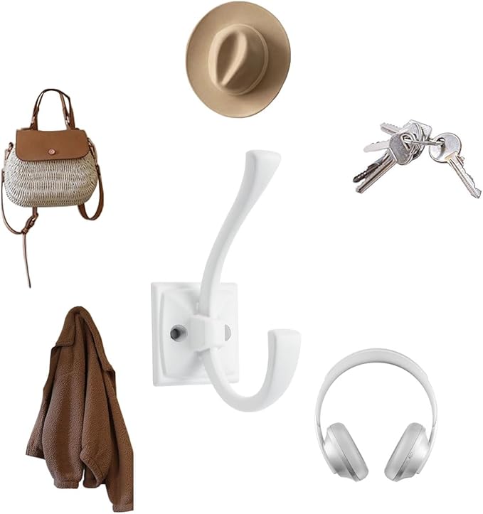 5 Pack Decorative Heavy Duty Towel Hooks for Hanging Robe Double White Coat Hooks Wall Mounted with Screws for Key, Towel, Bags, Cup, Hat