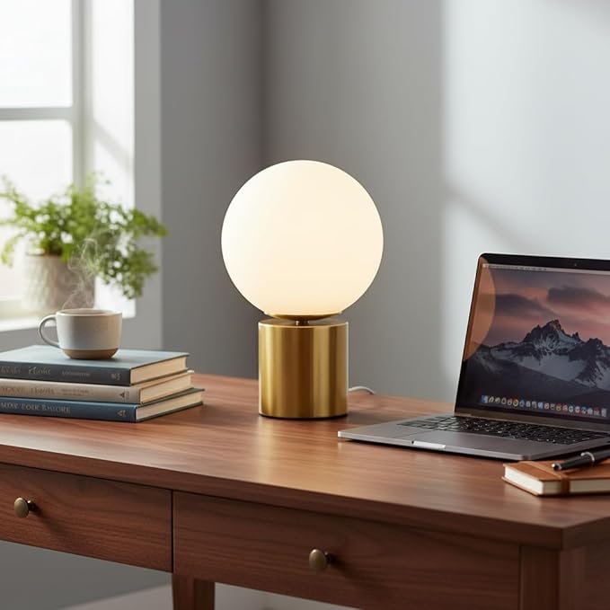 SOTTAE 11 Inch Modern Gold Globe Table Lamp,Vintage Mid Century Round Table Lamp with Milk White Glass Shade Metal Base for Bedroom Bedside Lamp Living Room End Table