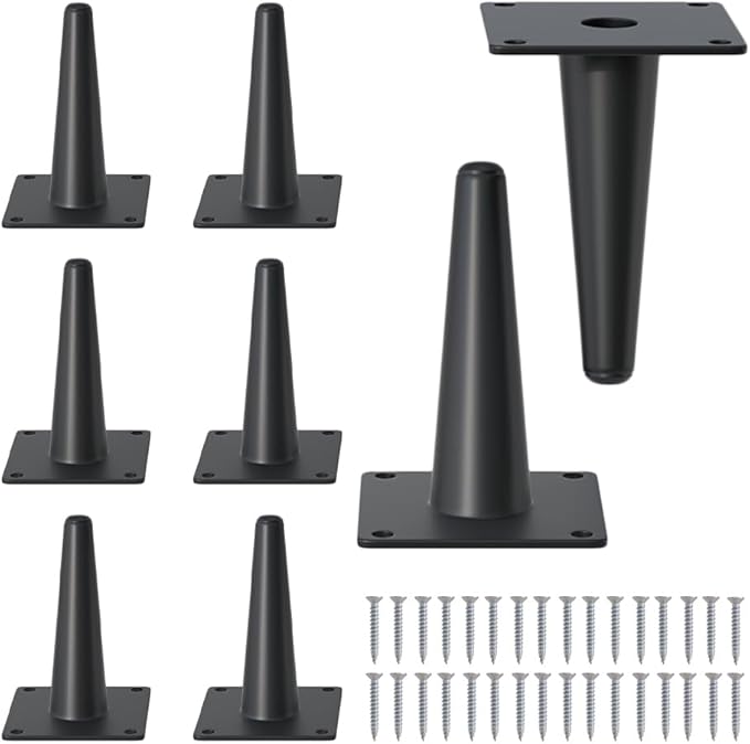 FIVEPEARS 8 PCS 4 Inch Heavy Duty Matte Black Metal Angled Taper Tapered Legs Set for Furniture, Mid Century Modern Style Feets for Coffee Table Couch Sofa Cabinet Chair Dresser Bed Desk Credenza