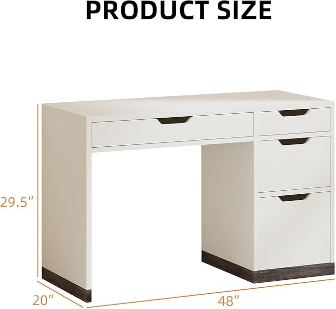 48 Inch White Desk with Drawers, Small Desk with 4 Storage Drawers for Kids, Computer Study Desk with Filing Drawers for Home Office