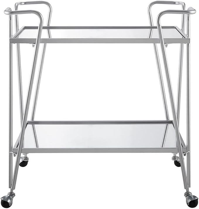 Riverbay Furniture Mid-Century Metal Bar Cart, Silver Chrome Finish, 30" W x 17.25" D x 32.5" H, Mirrored Shelves, Tubular Steel Frame with Locking Casters, Mobile Bar or Meal Service for Home