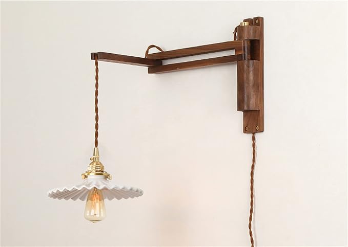 Classic Retro Walnut Lamp, Ceramic/Glass/Bronze Lampshade, Long Arm Swing Arm Folding Adjustable Wooden Light, Indoor Lighting, Sconce, Decoration (A)