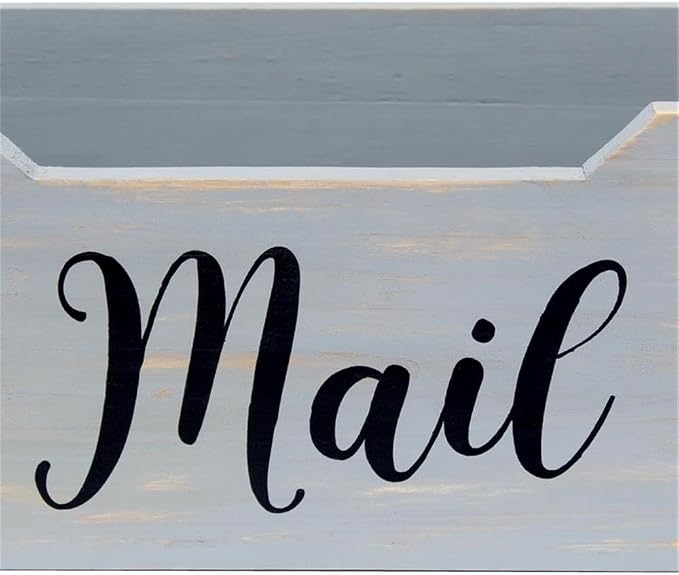 Elegant Designs HG2010-GMB Rustic Farmhouse Wooden Tabletop Black Script Word Mail Organizer Box, Letter Holder Office Accessories Décor, Gray Wash