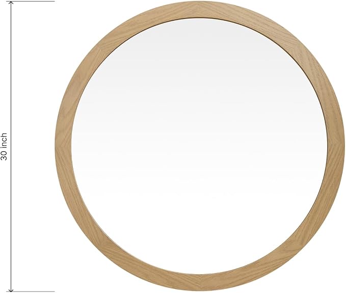 ARIEL Round Wooden Mirror 30" in Natural Oak, Wood Circle Wall Mirror for Bathroom, Vanity, Entryway & Living Room Decor, Farmhouse Style