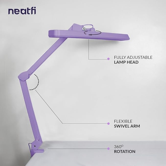 Neatfi Task Lamp – 2,500 Lumens, 30W, 22-Inch Wide Shade, 4 Brightness Levels, Eye-Caring Light, Clamp Mount, LED Task Light for Manicure Table, Crafts, Workbench, Office (Non-CCT, Lavender)