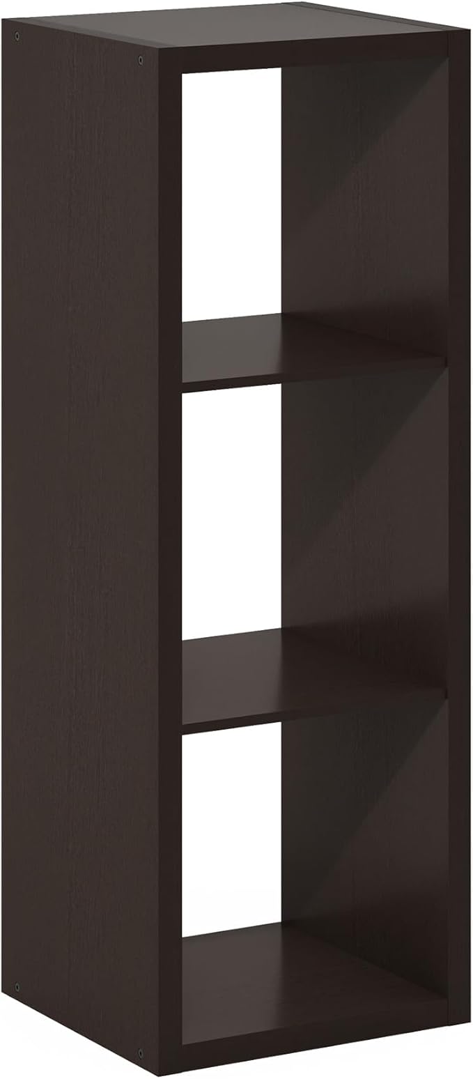 Furinno Cubicle Book Shelf, 3-Cube Bookshelf, Extra Thick Frame Horizontally & Vertically Reversible Bookcase with Open Back, 14.6" x 16" x 44", for Living Room, Bedroom, Home Office, Black Dark Oak