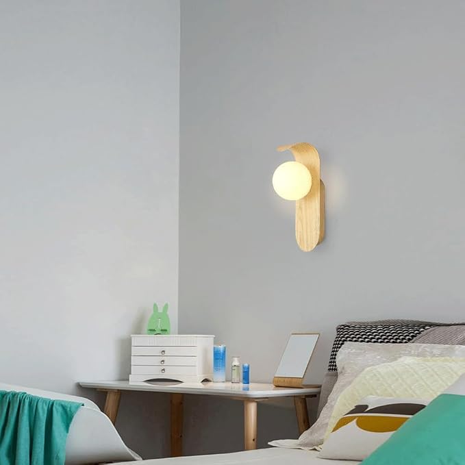 Mid Century Wall Sconce Walnut Texture Glass Globe Wall Lighting Wood Industrial Farmhouse Wall Light Bedside Indoor Retro Industrial Wall Mounted Lamp for Living Room Bedroom Bathroom