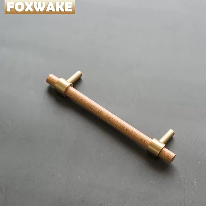 Natural Wood Kitchen Cabinet Handles 2~5 Inch 4Set Center to Center Adjustable Double Hole Euro Scandi-Modern Dresser Knob, Unfinished DIY Drawer Pull, Brushed Brass Base