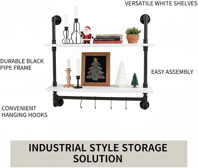 ROGMARS White Floating Wall Shelves Industrial Pipe Shelving 30 Inch Wood Bathroom Shelves with Towel Bar Over Toilet, Rustic Farmhouse Pipe Wall Shelves for Kitchen Living Room (30inch 2 Tier)