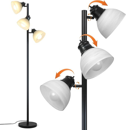 3 Light Tree Floor Lamp with Glass Shades, 3 Bulbs Included, Adjustable Black Industrial Standing Lamp for Living Room, Bedroom, Office, E26, Weighted Base