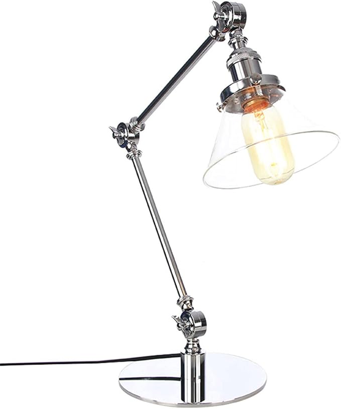 Table Lamp, Adjustable Swing Arm Metal Desk Lamp with Clear Glass Shade, Vintage E26 Reading Light for Bedroom or Bedside