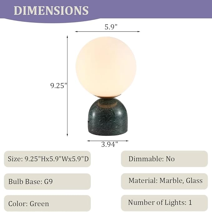 Meefad Globe Bedside Lamp, Modern Cute Night Light with Glass Shade, Marble Base, Small Table Lamp for Bedroom - Green
