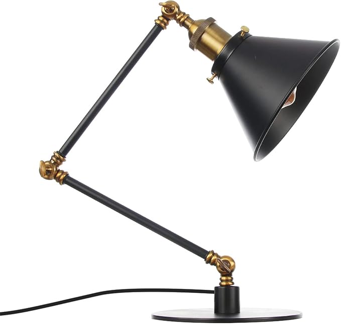 Makeup Vintage Desk Lamp, Industrial Metal Task Table Lamp with Adjustable Swing Arm, Bedroom Bedside Night Light Cafe Retro Reading Lighting,Black+Gold