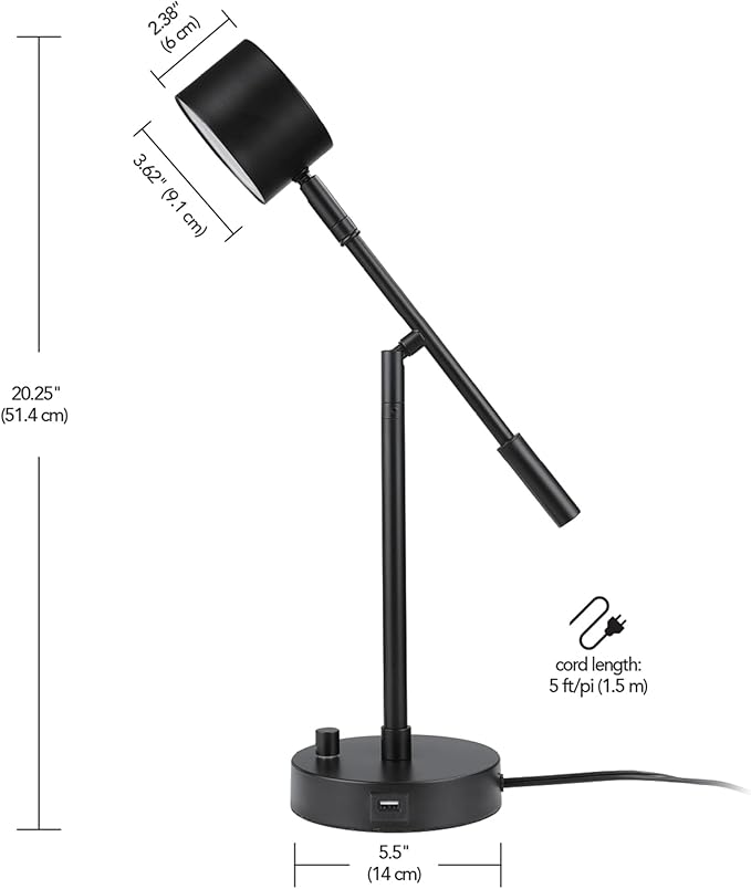 Globe Electric 52271 Aristocrat 16" Integrated LED Swing Arm Desk Lamp, Matte Black, Dimmable On/Off Rotary Switch at Base, 2.1A USB Port