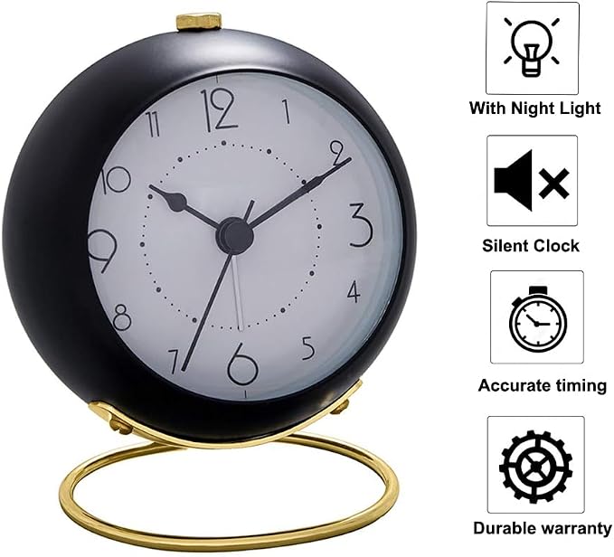 SHISEDECO Small Tableclocks Classic Non-Ticking Tabletop Alarm Clock with Backlight, Battery Operated Astronaut Deskclock with HD Glass for Living Room Bedroom Bedside Indoor Decor (Black)