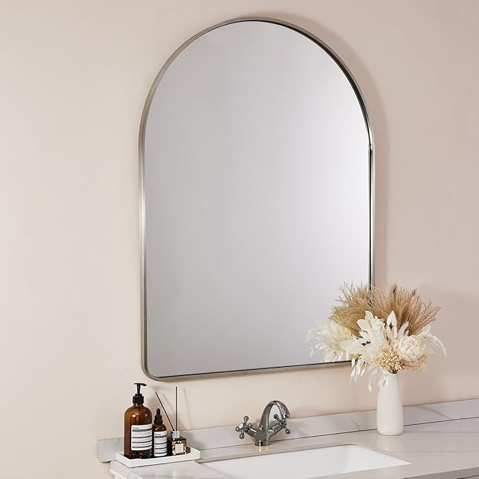ANDY STAR 30x40’’ Brushed Nickel Arched Mirror, Brushed Silver Arched Bathroom Mirror, Arched Vanity Mirror for Wall, SUS304-Anti-Rust, Tube Frame, Wall-Mounted Vertical 1’’ Deep