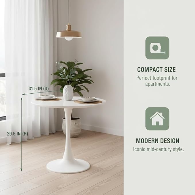 White Tulip Table - 31.5 Inch Mid-Century Modern Round Dining Table for 1-2 Person,Small Space Round Table for Kitchen,Living Room,Office,Cafe,Easy Assembly