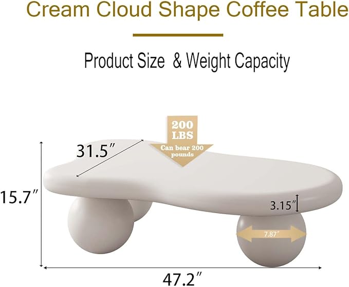 47" Cream White Coffee Table Modern Cloud Shape Low Center Table Cute Irregular Indoor Tea Table with 3 Ball Legs for Living Room Small Space Apartment