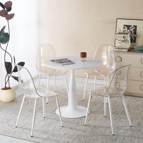 31.5" Round Dining Table Set for 4, Mid Century Modern Round Dining Table with 4 Chairs, w/Pedestal, White Coffee Table Set for Kitchen Dining Room, Office, Save Space (with 4 PET Chairs)