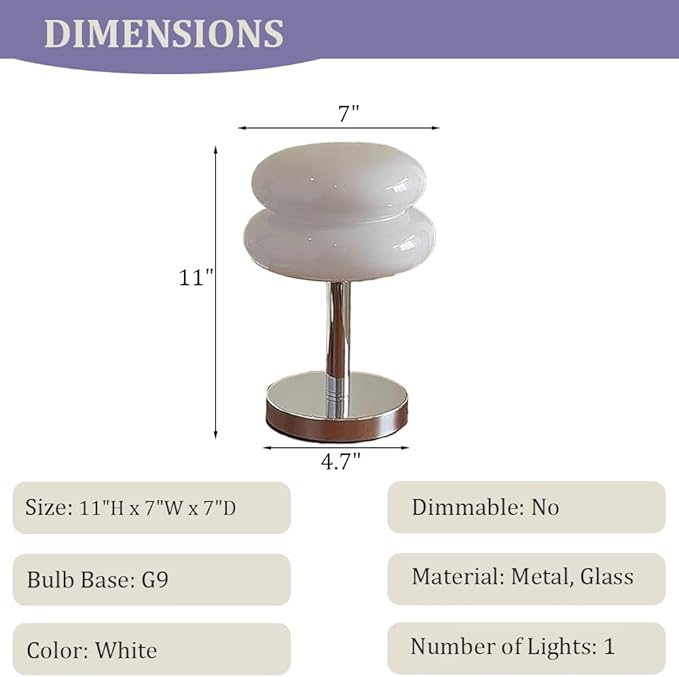 Meefad Mid Century Modern Glass Table Lamp, Mushroom Lamp for Bedroom, Cute Table Lamps, Elegant Night Light for Living Room in White