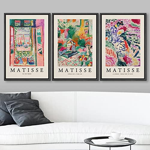 wall26 Framed Canvas Wall Art Print Set French Floral Rainbow Landscapes Henri Matisse Nature Plants Illustrations Modern Relax/Calm Multicolor for Living Room, Bedroom, Office - 16"x24"x3 Black