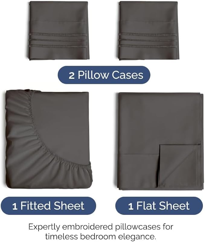 Queen Size 4 Piece Sheet Set - Comfy Breathable & Cooling Sheets - Hotel Luxury Bed Sheets for Women & Men - Deep Pockets, Easy-Fit, Extra Soft & Wrinkle Free Sheets - Charcoal Oeko-Tex Bed Sheet Set
