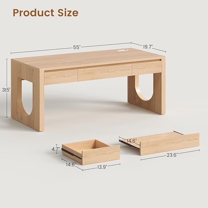 SEDETA Modern Office Desk with 3 Drawers, 55" Executive Desk with U-Shaped Legs, Wood Computer Desk with Power Outlet, Home Office Desks with Relief Texture, Natrual