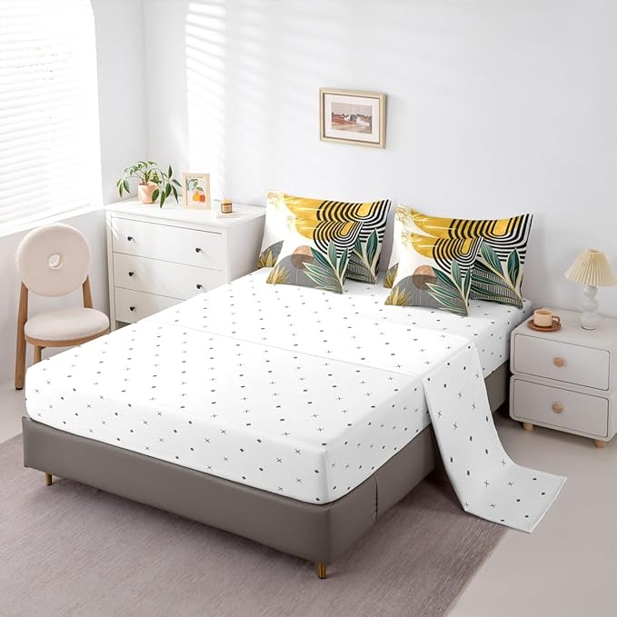 Erosebridal Mid Century Comforter Set Twin Size Contemporary Bohemian 7 Pcs Bedding Sets,Modern Abstract Stripes Bed in a Bag Geometric Retro Minimalism Quilt with Flat Fitted Sheet,Yellow