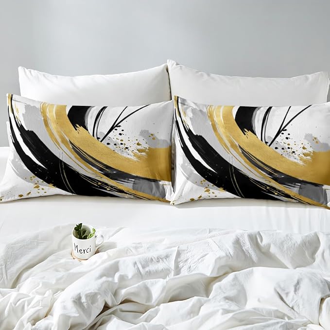 Erosebridal Black and White Golden Duvet Cover Full - Geometric Decorative Abstract Bedding Sets Striped Bed Set for Boys Adults Girls Minimalists Graffiti Aesthetic Lines Bed Cover