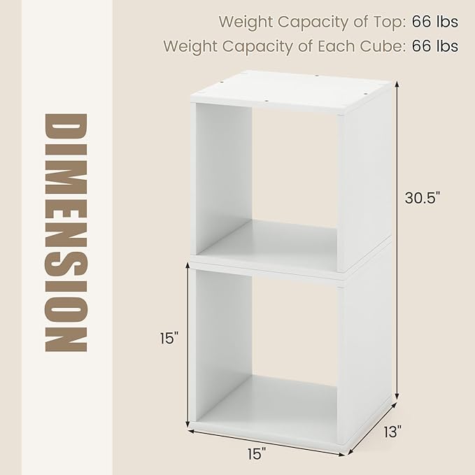LOKO Stackable 2 Cube Storage Organizer, Freestanding Cubby Storage Bookcase with Anti-toppling Device, 2-Tier Bookshelf, Combinable Record Player Stand for Living Room Bedroom Study (1, White)