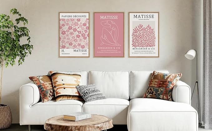 HLNIUC Matisse Pink Wall Art,Neutral Pink Flower Framed Canvas Wall Decor Set of 3(16”x24’) Modern Aesthetic Pictures Wall Painting,Abstract Flower Market Art Print for Living Room,Bedroom
