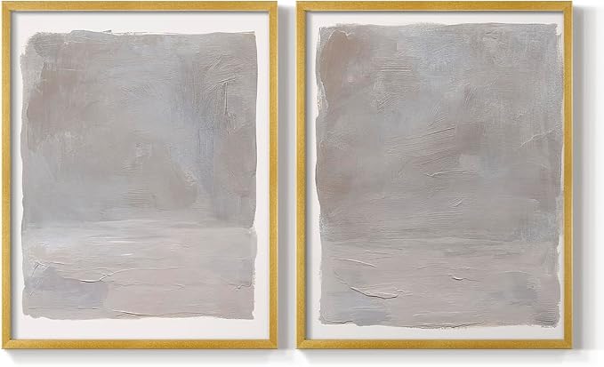 Renditions Gallery Set of 2 Peel & Stick Framed Prints, Watercolor Abstract Wall Art, Neutral Tones Textured Brushstrokes Wall Decor, Re-Stickable - Ready to Hang - 16"x20" - GOLD Frame LT588