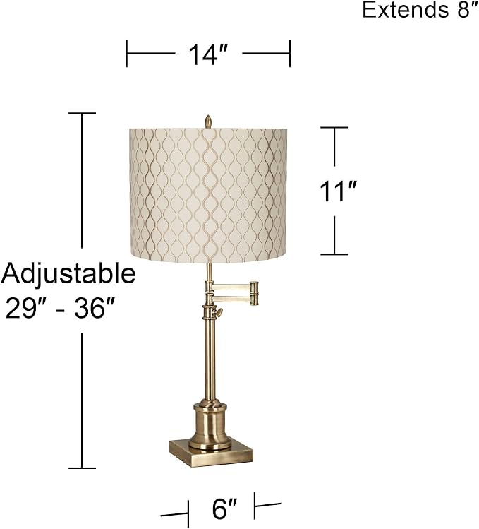 360 Lighting Westbury Swing Arm Desk Table Lamp Adjustable 36" Tall Antique Brass Off White Embroidered Hourglass Fabric Drum Shade for Living Room Bedroom Bedside Nightstand Office