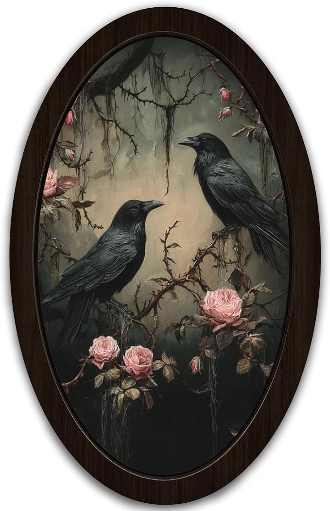 UYIKG Vintage Gothic Crow Oval Wall Art, Moody Dark Rose Crow Oval Wall Decor, Vintage Black Raven Floral Wooden Framed Decor for Home Bedroom Living Room Reading Room 9x14.6 in