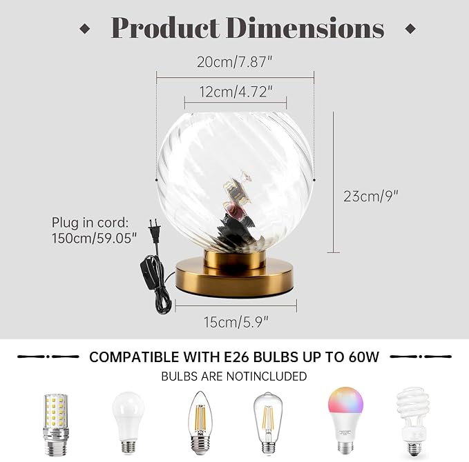 Gold Plug in Desk Table Lamps with Clear Glass Shade Small Bedside Lamp Mid Century Table Lamp for Nightstand Living Room Bedroom Office (Round)