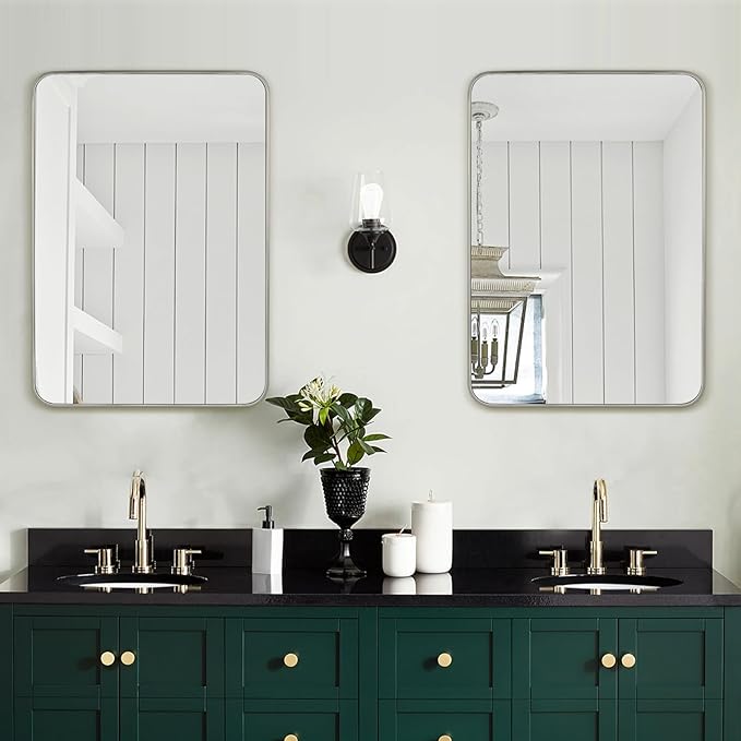 Bathroom Mirror Brushed Nickel, 24 x 32 Inch Metal Frame Rectangle Mirror Rounded Silver Modern Vanity Mirror Anti-Rust for Bathroom, Farmhouse Wall Mounted Vertically/Horizontally