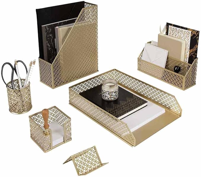 BLU MONACO | Gold Desk Organizer Set with Mail Sorter, Sticky Note Holder, Pen Cup, Magazine Holder, Letter Tray & Business Card Holder | Stylish Desk Accessories for Women & Home Office Décor