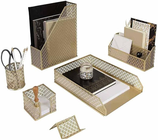BLU MONACO | Gold Desk Organizer Set with Mail Sorter, Sticky Note Holder, Pen Cup, Magazine Holder, Letter Tray & Business Card Holder | Stylish Desk Accessories for Women & Home Office Décor